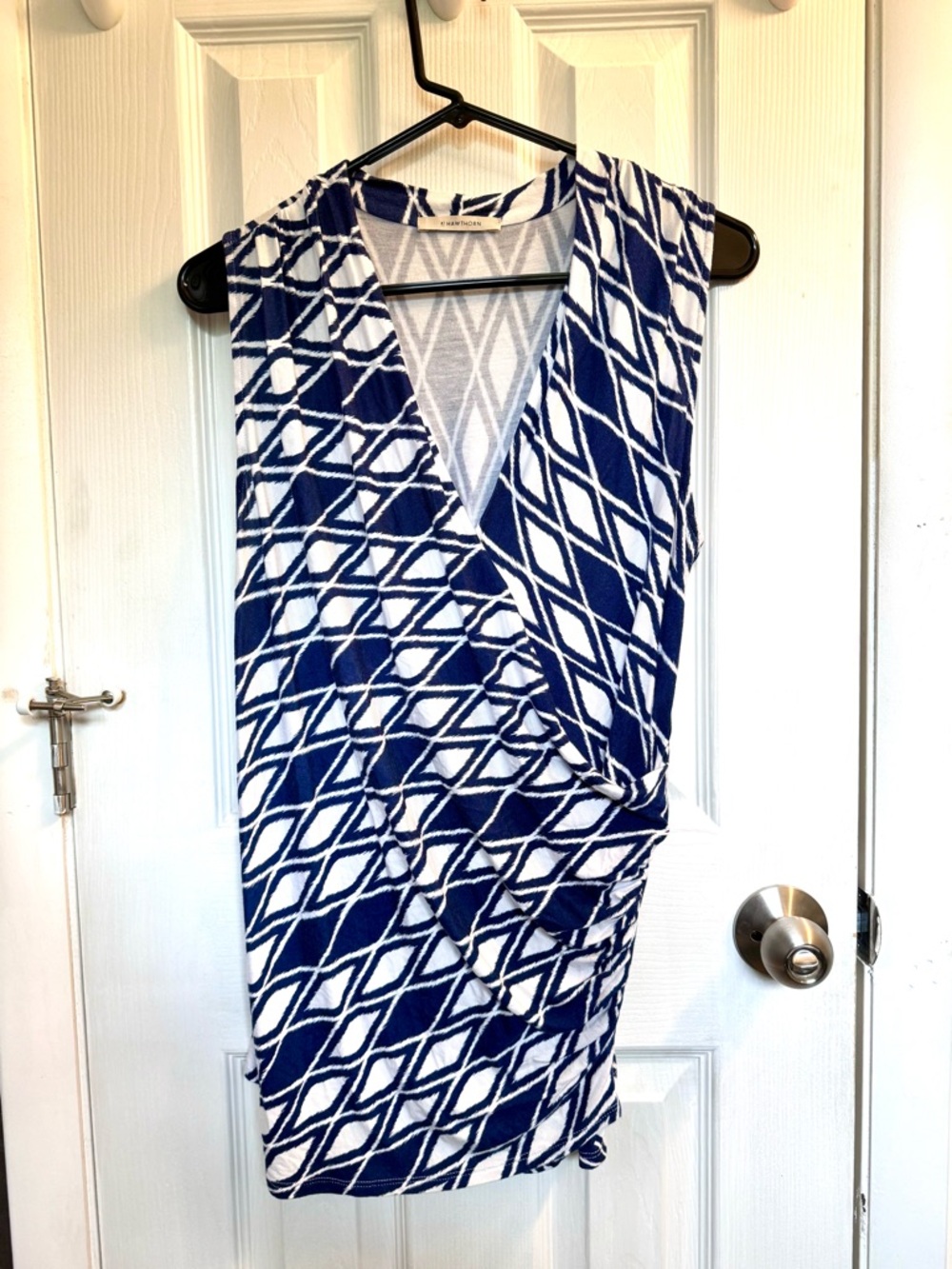 41 Hawthorn Blue & White Geometric Benni Wrap-Front Knit Top with Ruched Side